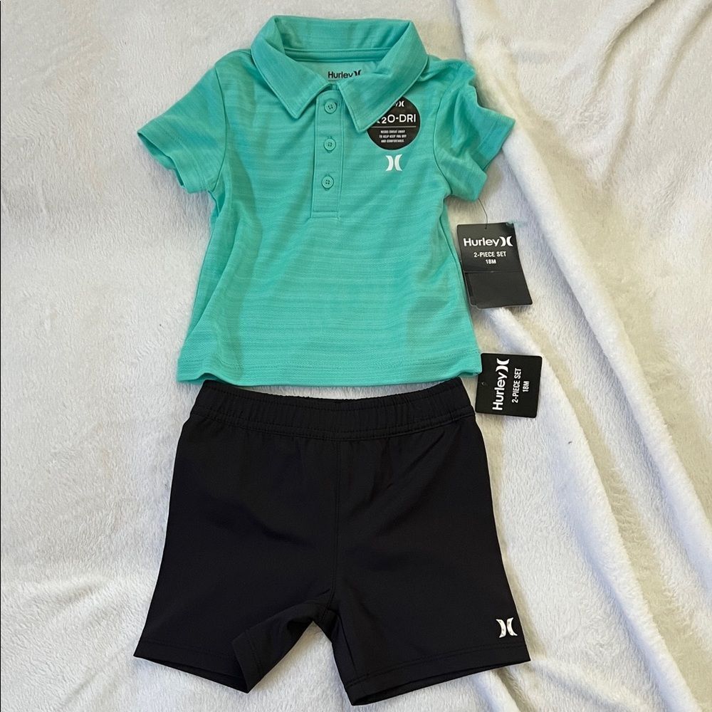 Hurley Polo and Black Shorts Set Teal (18 mo)